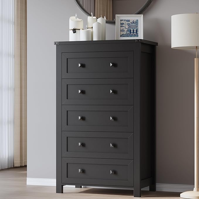 BORNOON Tall 5-Drawer Dresser, Modern Wooden Storage Chest of Drawers, Dresser TV Stand, Wood Drawer Organizer with Metal Handles for Bedroom, Living Room, Hallway