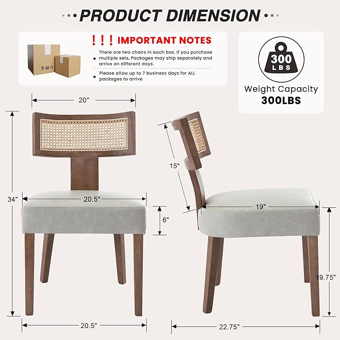 HNY Mid Century Modern Rattan Dining Chairs Set of 2, Farmhouse PU Leather Upholstered Accent Chair Curved Backrest Kitchen Chairs, with Hardwood Frame, Grey