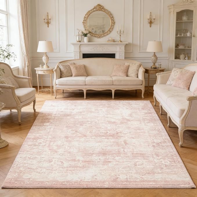 Homemate Washable Rug 5x7 Area Rugs - Vintage Faux Wool Rugs for Living Room Bedroom Dining Room - Non Slip Foldable Carpet Indoor Area Rug for Home Decor（5'x7', Pink