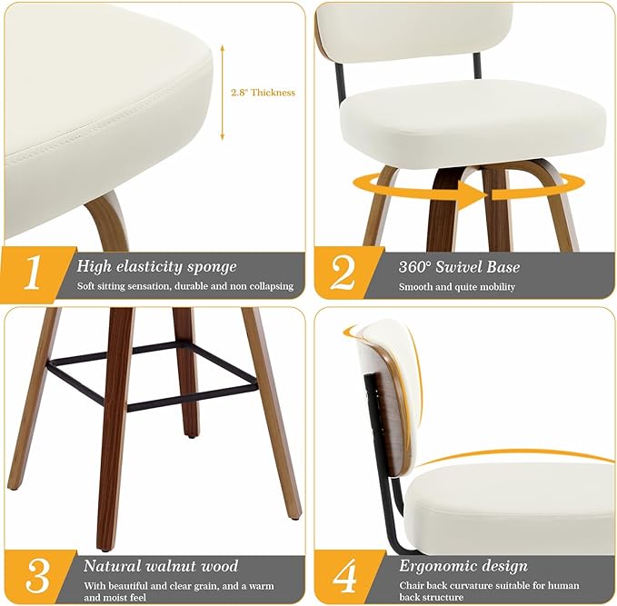 Bekrvio Swivel Counter Height Bar Stools Set of 4, 26" Upholstered Faux Leather Barstools with Back and Bent Wood Legs, Mid Century Modern Bar Chair Island Stool for Kitchen Counter, Cream White