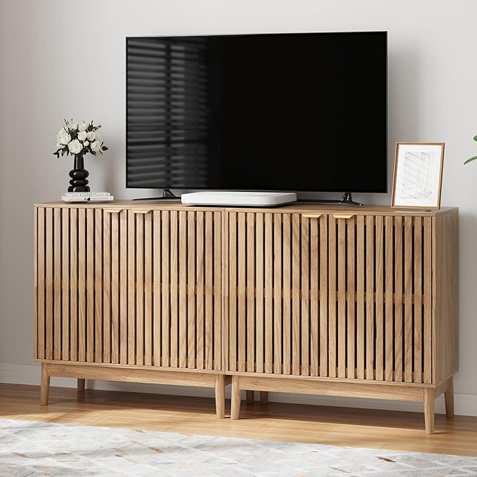 Kiasthome Wooden Sideboard Buffet Cabinet with Slatted Ventilation Doors & Adjustable Shelf, Sideboard Cabinet Storage Cabinet with Ample Storage for Dining Room Entryway (Natural Wood)