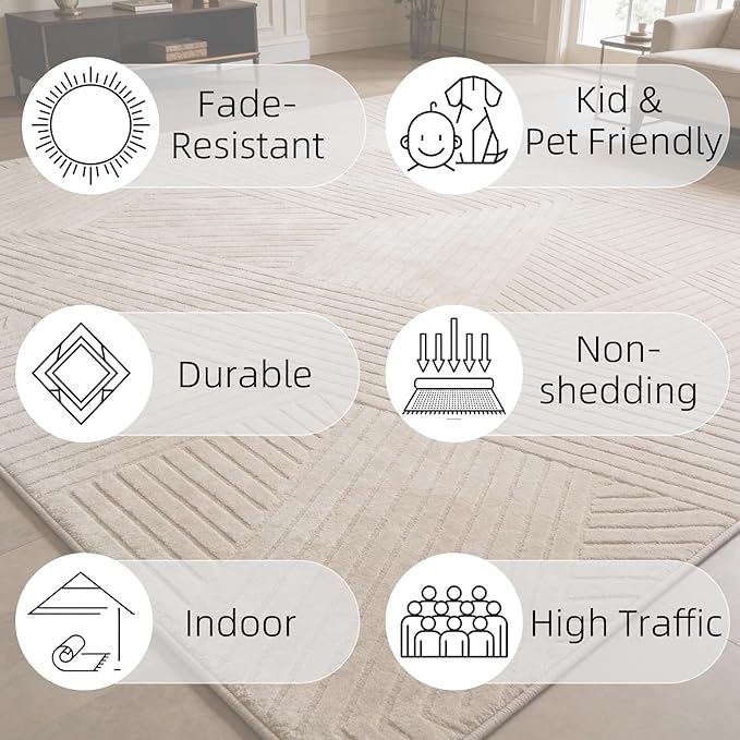8x10 Solid Color Area Rugs, Brown Modern Geometric Rug, Living Room Rug, Durable Non-Slip Soft High-Low Pile, Fluffy Floor Rugs for Bedroom, Kids Room, Nursery, Home Décor, Light Brown