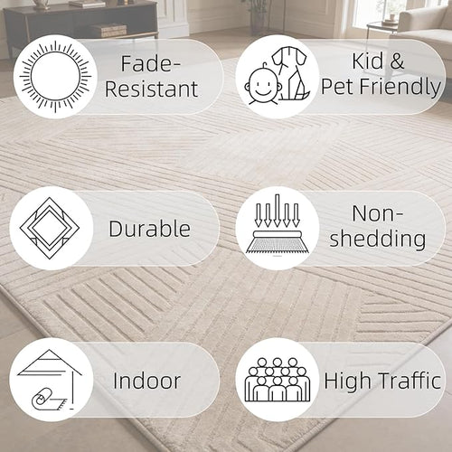 8x10 Solid Color Area Rugs, Brown Modern Geometric Rug, Living Room Rug, Durable Non-Slip Soft High-Low Pile, Fluffy Floor Rugs for Bedroom, Kids Room, Nursery, Home Décor, Light Brown