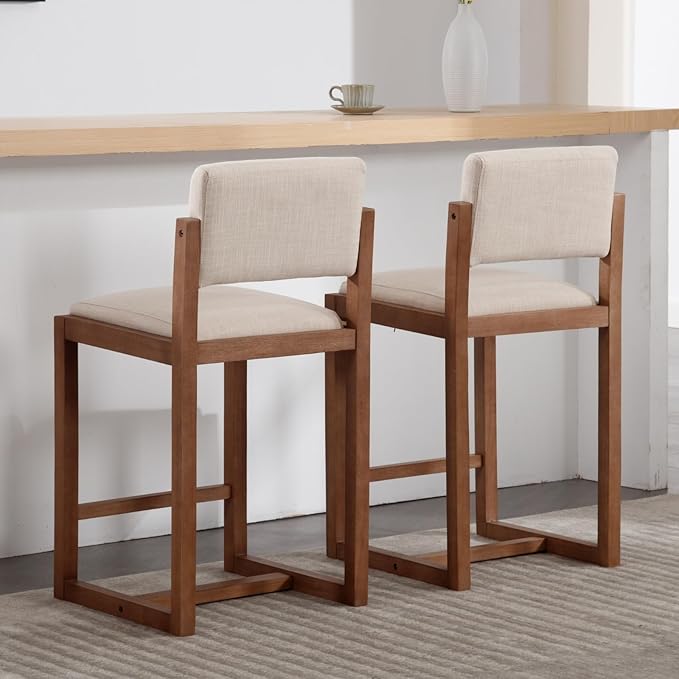 DUOMAY Modern Bar Stools Set of 2, 26" Counter Height Barstools, Linen Upholstered Kitchen Island Chair with Wood Legs for Home Bar Coffee Shop, Beige