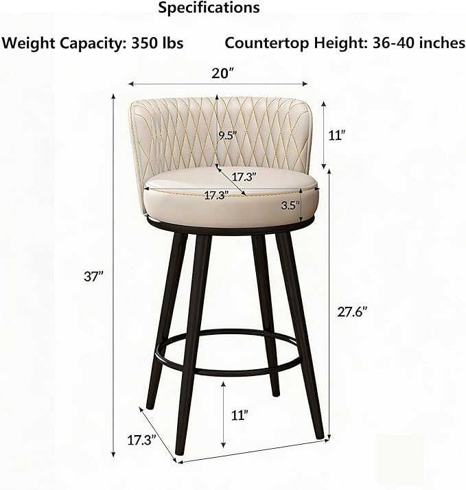 HONIFUR Bar Stools Set of 2, 27 Inch Barstools with Sturdy Legs, Leather Farmhouse Counter Height Bar Stool for Kitchen, Dining, Bar (White, Leather)