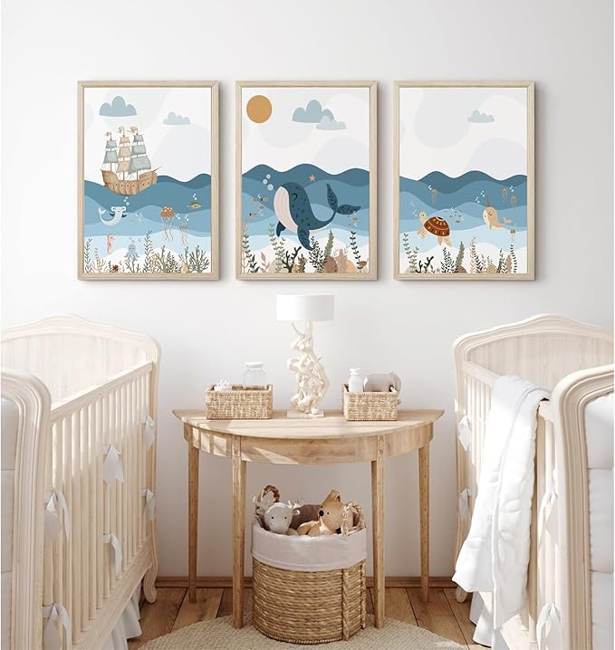 Ocean Nursery Wall Art Pictures Blue Nautical Canvas Art Beach Animal Wall Decor Baby Boys Room Wall Art Sea Whale Prints Ocean Nautical Poster for Nursery Baby Room 12x16 Inch Set of 3 Wood Framed