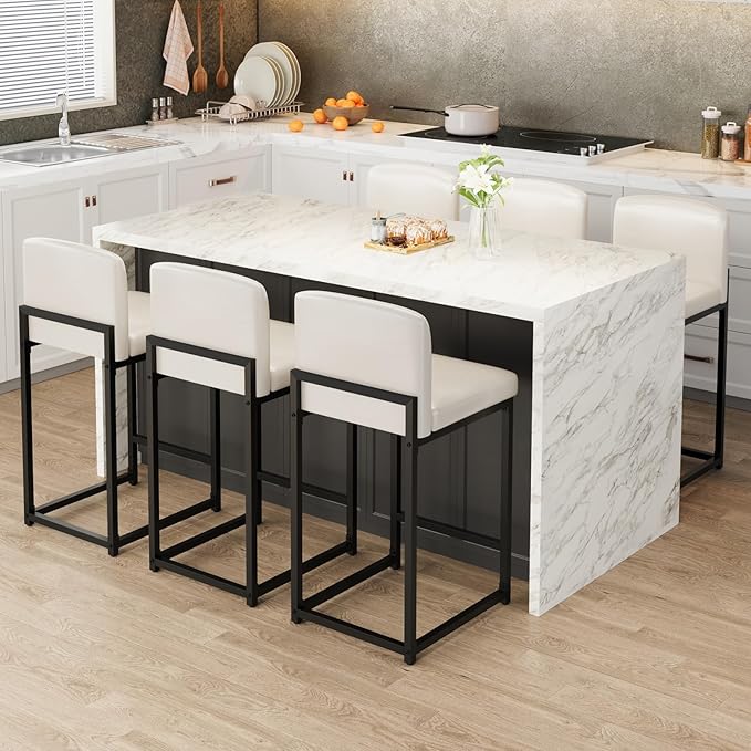 GarveeHome Bar Stools Set of 6, Modern Counter Height Bar Stools with Back and Footrest, Faux Leather Upholstered Barstools Chairs for Kitchen Island Dining Room Bar, White