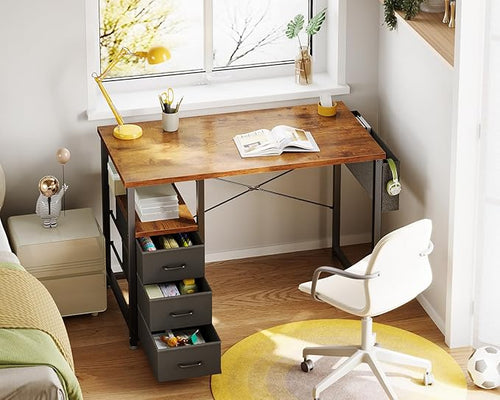 AODK 32 Inch Small Computer Desk with Fabric Drawers, Kids Study Desk for Bedroom, Home Office Desk with Storage Shelf & Bag for Small Space, Vintage
