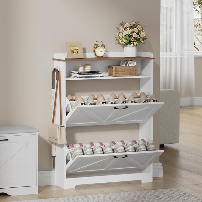 Shoe Cabinet Organizer with 2 Flip Drawers, Farmhouse Narrow Shoe Cabinet with 2 Adjustable Shelves & 2 Hooks, Shoe cabinet storage for entryway, Foyer, Hallway, White, 31.5"W x 8.7"D x 41.7"H