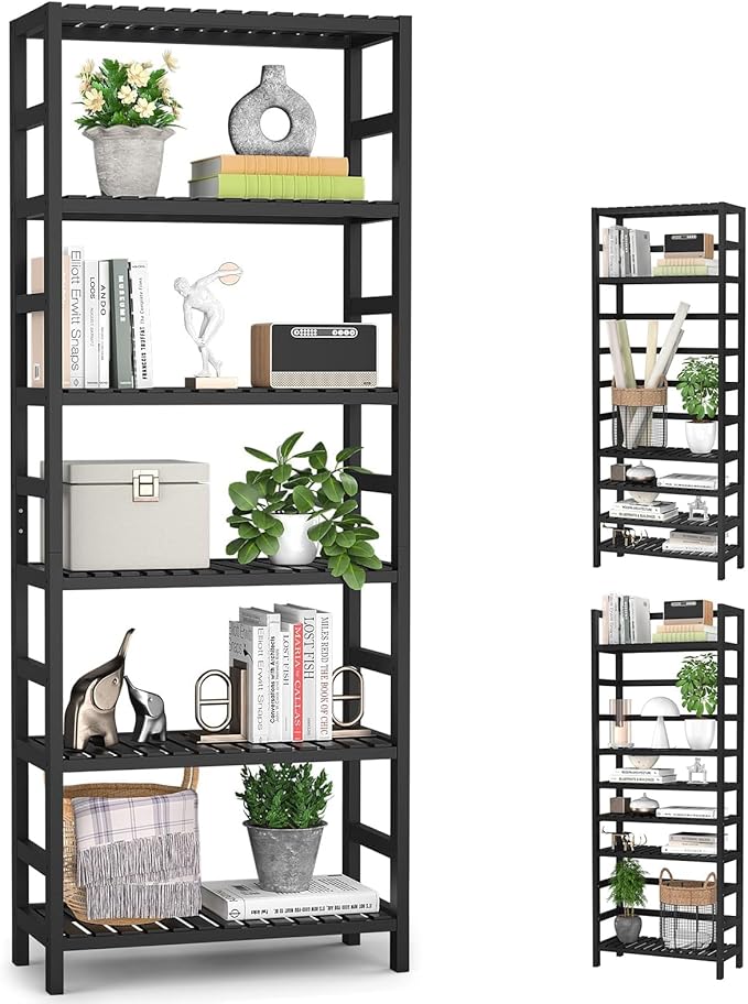 Homykic 6-Tier Bamboo Bookshelves and Bookcases, Adjustable 63.4”Tall Shallow Book Shelf Organizer Rack, Freestanding Storage Shelving Unit for Living Room, Kitchen, Bathroom, Office, Black