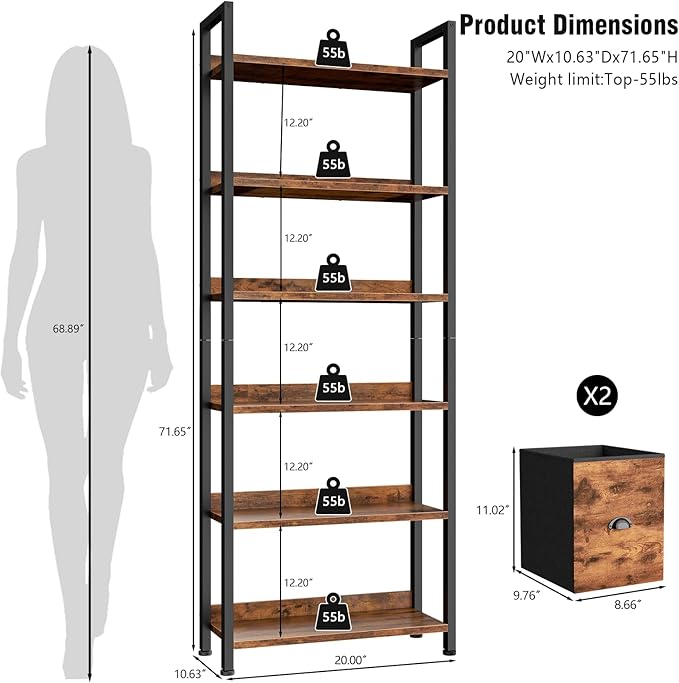 Furologee 6-Tier Bookshelf, Tall 71" Rustic Bookcase with 2 Drawers Storage Organizer, Industrial Display Free Standing Shelf Units, Wood and Metal Storage Rack for Home Office, Bedroom, Rustic Brown | Bookcase, 2 Drawers, Storage Organizer, Industrial...