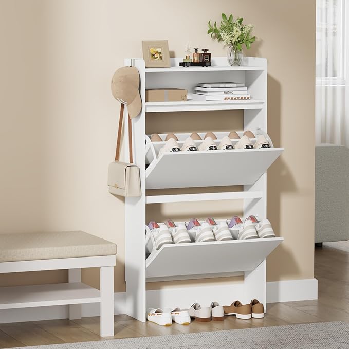 Shoe Cabinet Organizer with 2 Flip Drawers，Freestanding Shoe Rack Cabinet，Narrow Shoe Cabinet Storage for entryway, Foyer, Hallway, White, 23.6" W