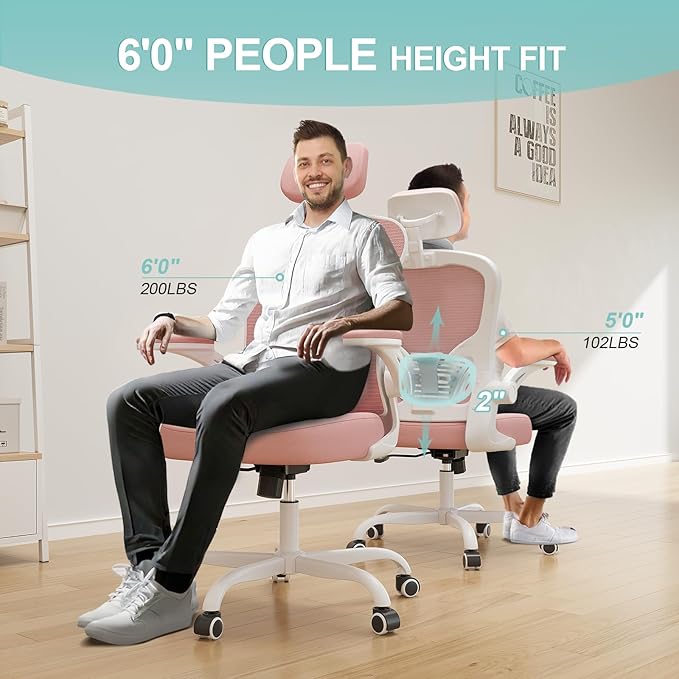 Office Chair Ergonomic Desk Chair, 330LBS Capacity, High Back Computer Design for Long Hours Comfort, Rolling Swivel Executive Task for Home Office with Flip-up Armrests, White Pink