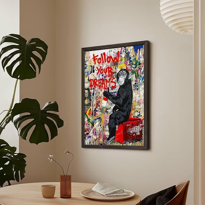 Banksy Canvas Wall Art Monkey Follow Your Dreams Street Graffiti Wall Art Banksy Prints Gorilla Poster Monkey Artwork Graffiti Pictures Painting for Home Living Room Decor 16x24 Inch Wood Framed