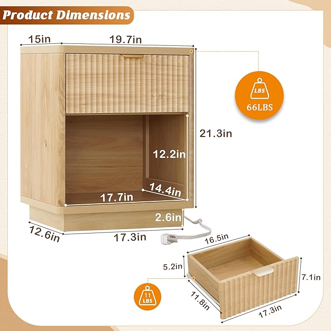 Nasonet Fluted Nightstands Set of 2 with Charging Station, Wooden Bed Side Tables Bedroom Set of 2, Drawers and Open Shelves - Modern End Table for Bedroom, Natural Oak