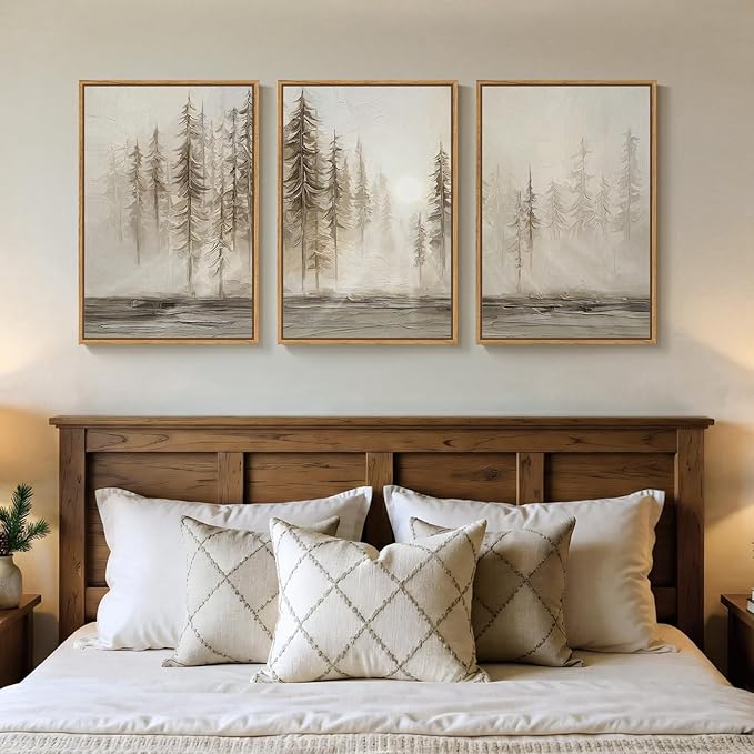 Framed Neutral Tree Set of 3 Wall Art for Living Room, Abstract Modern Rustic Landscape Beige Canvas Artwork for Walls, Nordic Misty Forest Farmhouse Wall Decor for Bedroom Hallway Office, 16x24 Inch