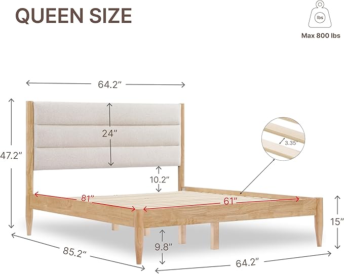 KISLOT Wood Bed Frame with Upholstered Headboard Wooden Platform with Silent Slat Support Mattress Foundation No Box Spring Needed, Easy Assembly