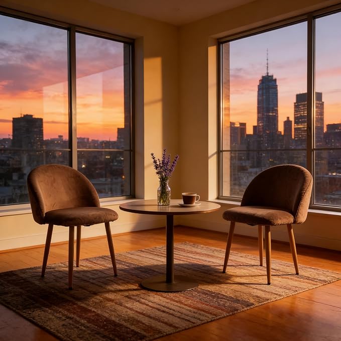 Dining Chairs Set of 2, Velvet Comfortable Seats, Mid-Century Modern Living Room Chairs, Upholstered Kitchen Chairs with Wooden Legs and Padded Seat for Bedroom Office Easy Assembly, Brown