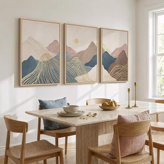 Framed Neutral Abstract Mountain Wall Art for Living Room, 3 Piece Large Landscape Print Canvas Artwork for Walls, Boho Modern Minimalist Paintings for Bedroom Dining Room Office Wall Decor, 24x36 In
