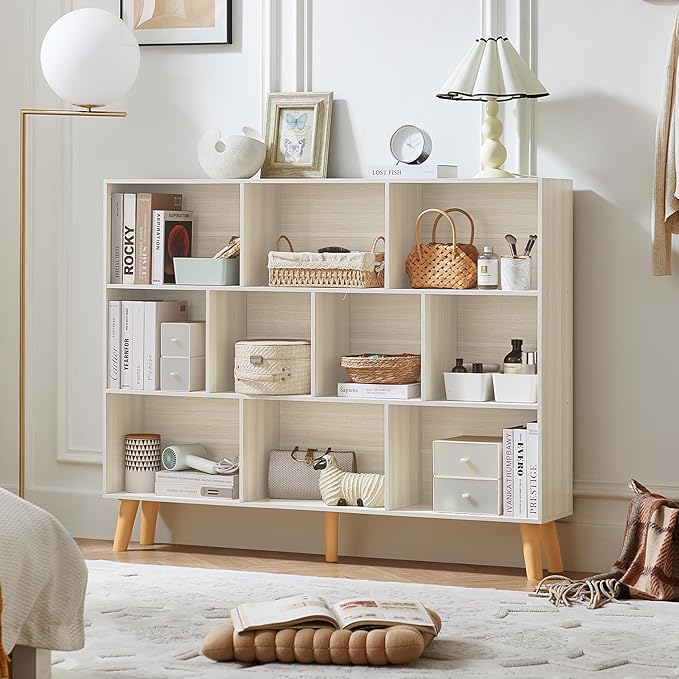 LEYAOYAO 10 Cube Bookshelf, 3 Tier Vintage 55" Wide Bookcase with Legs, Mid-Century Bookshelves Storage, Light Grey White Large Book Case, Freestanding Organizer Display Shelf for Living Room, Office