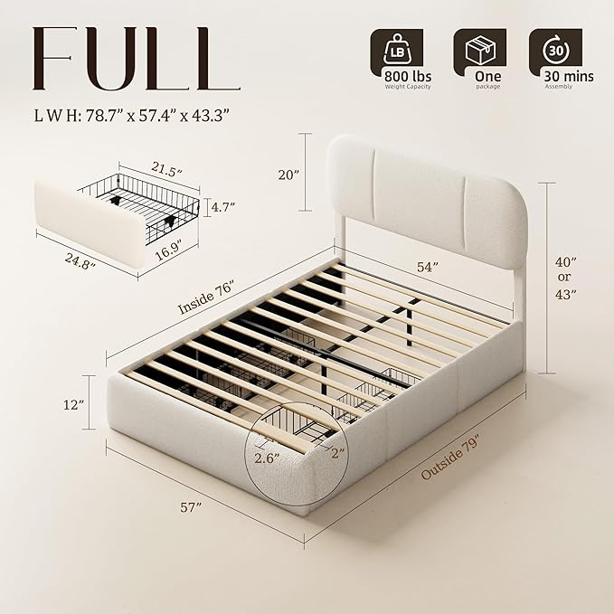 Full Size Bed Frame with Storage, Boucle Cloud Bed with 4 Locking Drawers & LED Lights, Modern Upholstered Platform Bed, Plush Sides & Footboard, Adjustable Headboard, No Box Spring, Beige