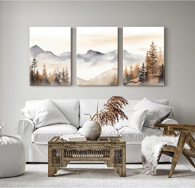 Neutral Mountain Wall Art Decor Set of 3 Forest Canvas Wall Art Poster Landscape Wall Art Artwork Modern Pictures Abstract Painting Watercolor Prints for Living Room Bedroom 16x24 Inch Wrapped Canvas
