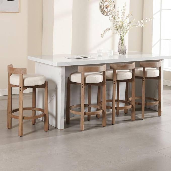 LukeAlon Mid Century Linen Counter Stools Set of 2, Upholstered 26.5” Seat Height Low Barstools with Natural Wood Legs Round Low Back Kitchen Stools with Footrest for Dining Room, Beige
