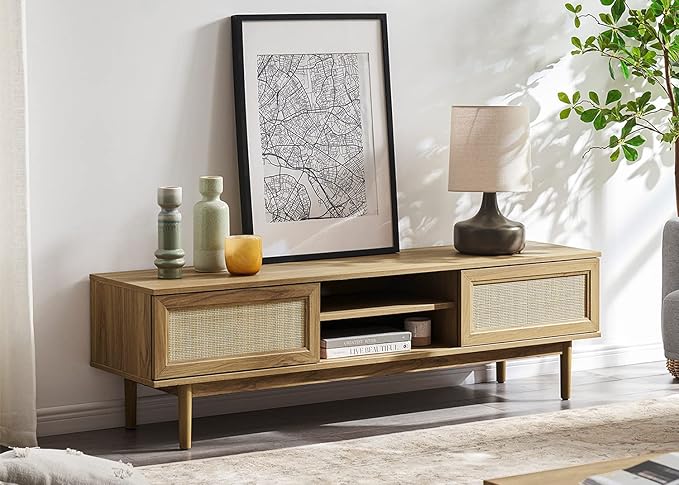 mopio Haylee TV Stand, Modern Farmhouse Television Stand for 55/60/65 inch TV, Natural Rattan Boho Entertainment Center with Storage, Media Console Credenza Table for Living Room, Bedroom (Oak 59")