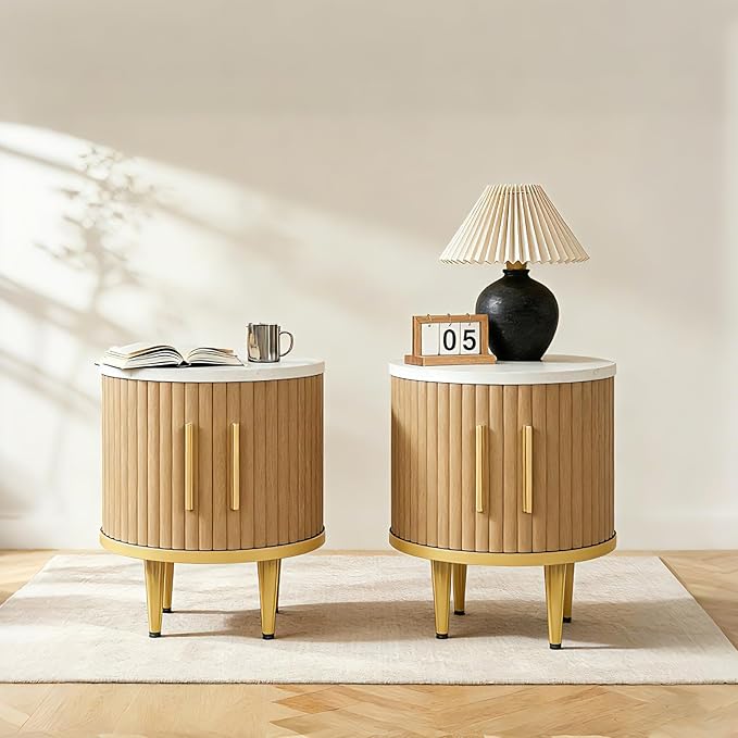 Fluted Nightstand Set of 2, Small Modern Side Table with Faux Marble Top and Metal Handle, Boho Bedside End Table with Sliding Door and Curved Corners for Bedroom,Living Room, Natural Oak