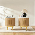 Fluted Nightstand Set of 2, Small Modern Side Table with Faux Marble Top and Metal Handle, Boho Bedside End Table with Sliding Door and Curved Corners for Bedroom,Living Room, Natural Oak
