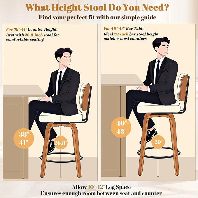 Counter Height Bar Stools Set of 2, 26+inch Swivel Faux Leather Barstool with Back, Upholstered Mid-Century Modern Bar Chairs with Bent Wood Legs for Kitchen Counter, Dining Room