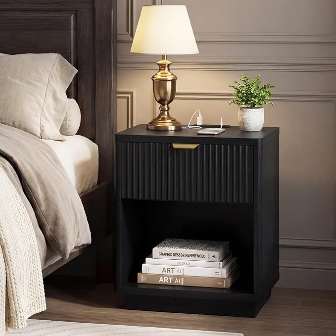 Nasonet Fluted Nightstand Charging Station,Wood Modern Night Stands Storage Cabinet for Bedroom, Black Bedside Table with Drawers
