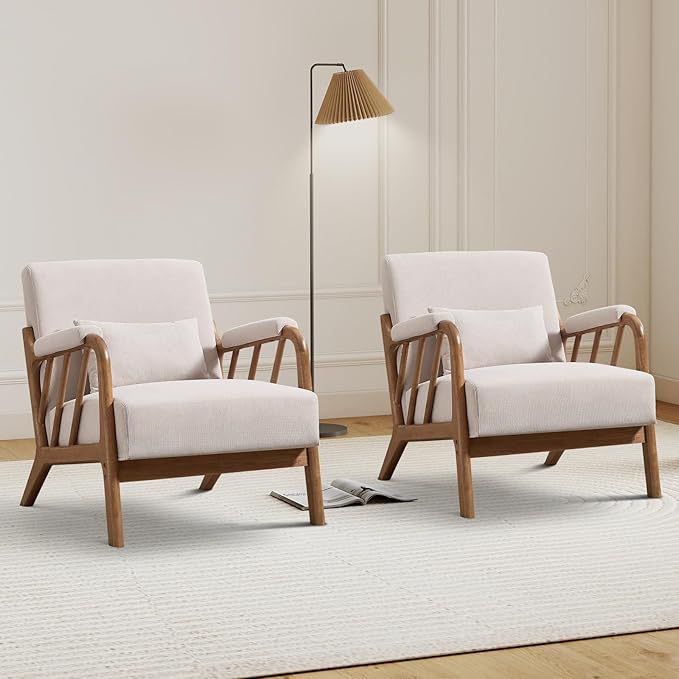 IOMOR Mid Century Modern Accent Chair with Solid Wood Frame, Upholstered Living Room Chairs with Lumbar Cushion Padded Arms, Reading Armchair for Bedroom Set of 2, Beige