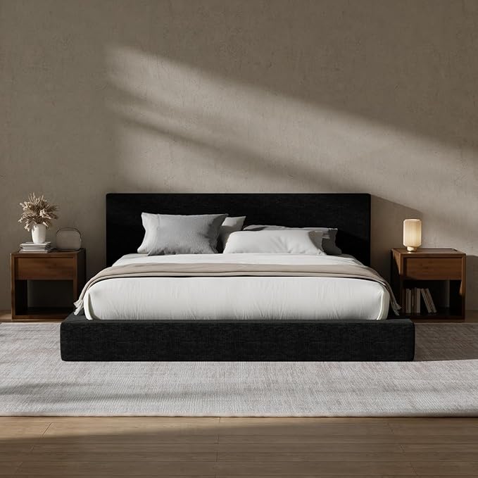 RECCI AirFrame Full Size Bed Frame with Headboard, Cloud Upholstered Platform Bed Frame, 5 Inch Foam Cushioned, No Box Spring, Easy Assembly (Onyx Black)