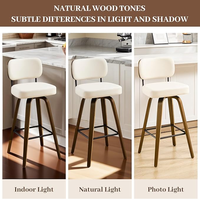 Bekrvio Swivel Counter Height Bar Stools Set of 4, 26" Upholstered Faux Leather Barstools with Back and Bent Wood Legs, Mid Century Modern Bar Chair Island Stool for Kitchen Counter, Cream White