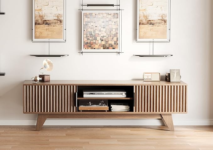 Claiks Mid-Century Modern TV Stand for 75 inch TV, Wood Fluted TV Stand with Storage and Adjustable Shelves, Low Profile TV Console for Living Room, Walnut