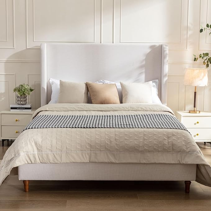 Upholstered Bed Frame King Size, 54" Tall Headboard Wingback Upholstered Platform Bed Frame for Teens Adults Bedroom Strong Wood Slats Support/No Box Spring Needed/Easy Assembly Ivory Chenille