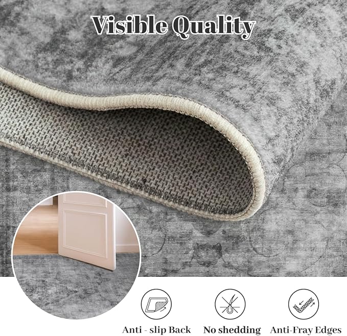 Homemate Washable Rug 3x5 Area Rugs - Vintage Faux Wool Rugs for Living Room Bedroom Dining Room - Non Slip Foldable Carpet Indoor Area Rug for Home Decor（3'x5', Black