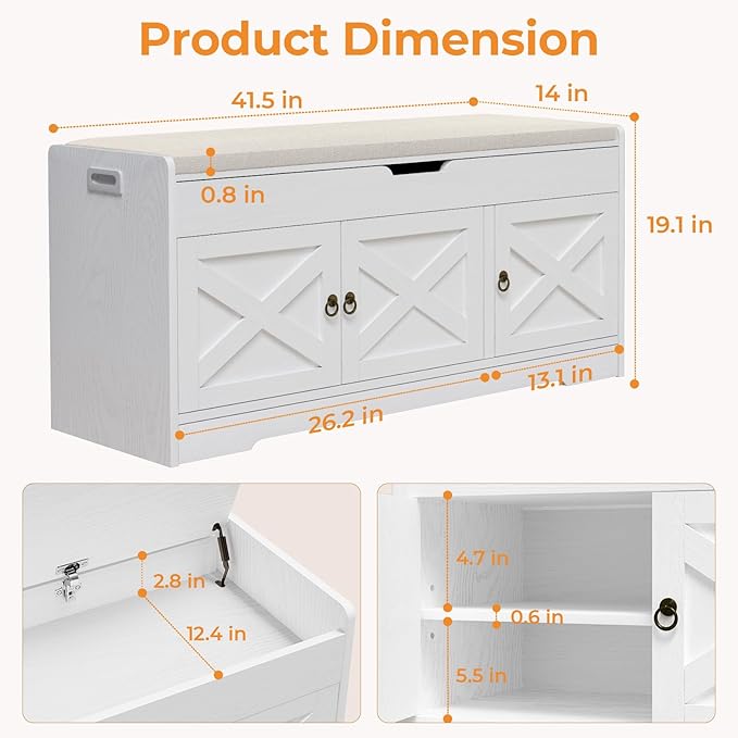Farmhouse Shoe Storage Bench with Cushion Seat, 3-Tier Entryway Bench with Lift Top Storage and Adjustable Shelf, Bench for Hallway, Bedroom, White