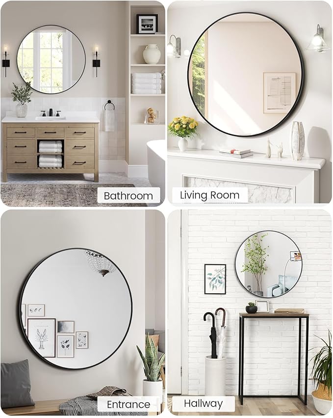 GarveeTech 18 Inch Black Circle Wall Mirror, Modern Round Metal Framed Mirror for Bathroom, Entryway, Living Room, Bedroom, Dining Room, Hallway, Decorative Home Décor, Easy Mount