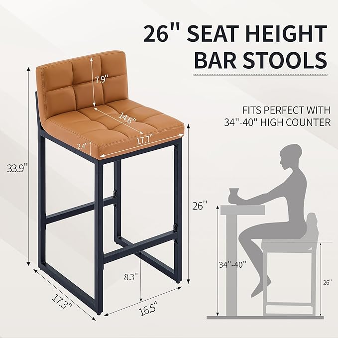 FIRAVOE Bar Height Stools Set of 4, PU Leather Barstools Modern Counter Stools with Back and Thickened Metal Legs, Bar Chairs for Kitchen Island (Caramel Brown, 4Pcs 26" Counter Stools)