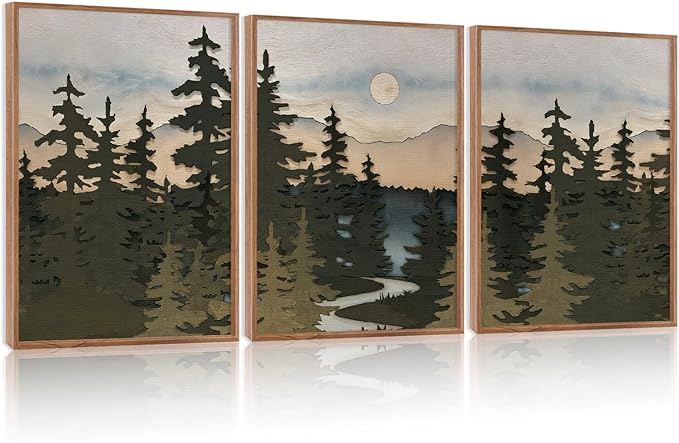 HPNIUB Vintage Mountain Framed Canvas Wall Art Set, Boho Sunrise Art Prints, Forest Nature Wilderness Art Paintings, Abstract Pine Tree Wall Decor for Living Room Bedroom, Office(Set of 3,12X16 Inch)