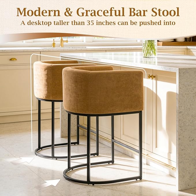 ClinQ 26" H Counter Height Bar Stools Set of 1, Modern Barrel Counter Stools with Backrest and Arms, Black Metal Frames, Chenille Fabric Upholstered Accent Barstools for Kitchen Island, Yellow
