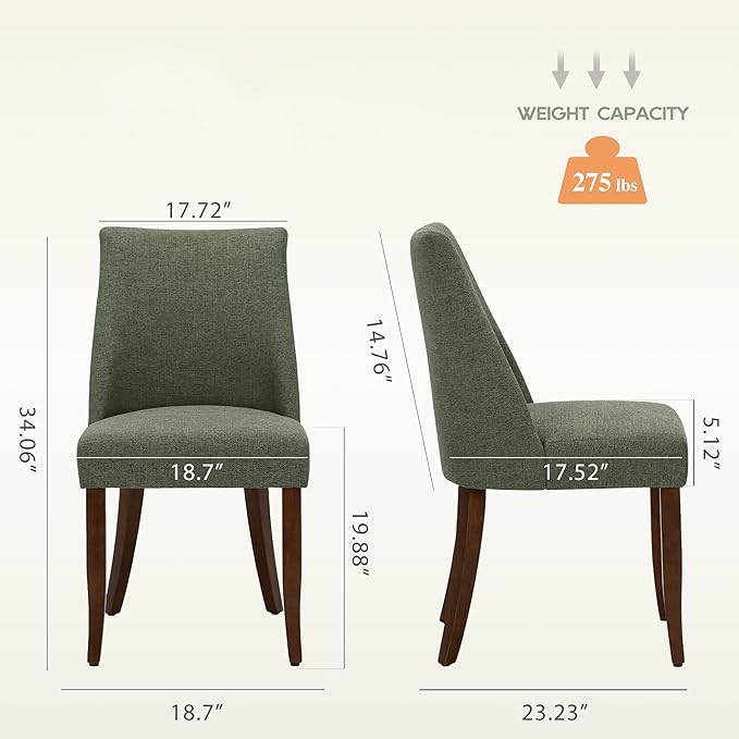 Wooden Dining Chairs Set of 2, Upholstered Farmhouse Fabric Dining Room Chair, Mid Century Kitchen Chair for Restaurant & Cafe, Green