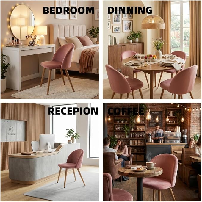 Homy Casa Dining Chairs Set of 4 Velvet Accent Kitchen Chairs Set Scandinavian Style Side Chair Set for Living Dining Room Lounge, Metal Legs and Soft Seats, Rose 4PCS
