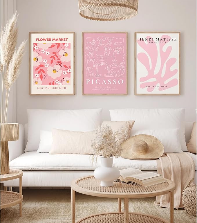 Matisse Abstract Wall Art Decor Pink Flower Canvas Pictures Picasso Aesthetic Wall Art Henri Matisse Prints Poster Abstract Flower Painting Market Artwork for Bedroom 16x24 Inch Unframed Set of 3