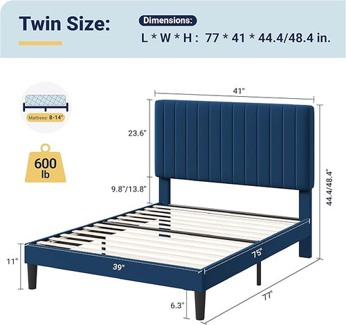 Allewie Twin Bed Frame, Velvet Upholstered Platform Bed with Adjustable Vertical Channel Tufted Headboard, Mattress Foundation with Strong Wooden Slats, Box Spring Optional, Easy Assembly, Navy Blue