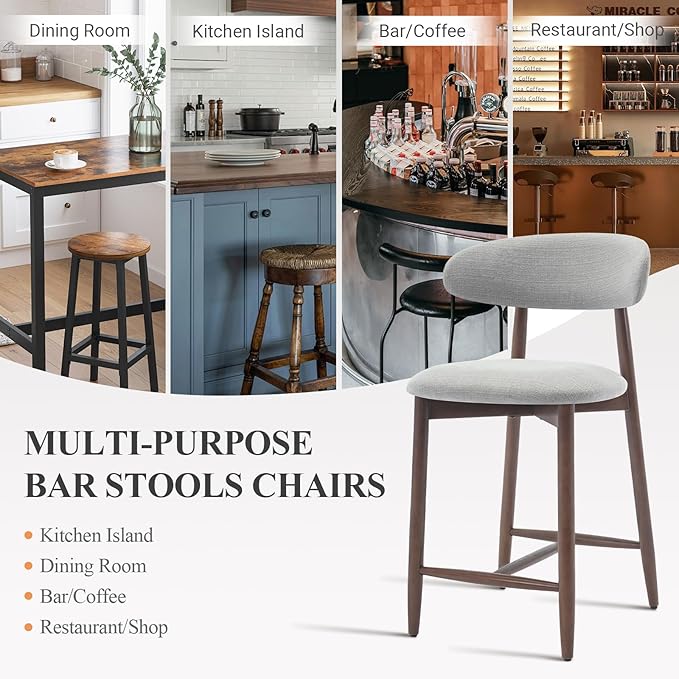 COLAMY Wood Bar Stools Set of 2, Counter Height Bar Stools, Mid Century Modern Stools with Back, 25 Inch Upholstered Wooden for Kitchen Island Dining Room Bar, Light Grey