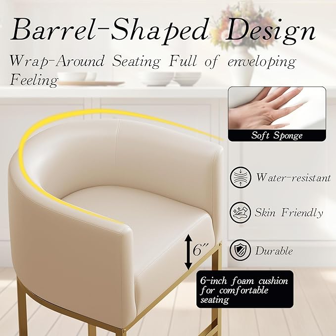 Modern Counter Height Bar Stools,Bar Stools Set of 2,PU Leather Upholstered Barrel Barstools with Backs,26'' Kitchen Island Chairs,Metal Gold Frames,Beige White Leather