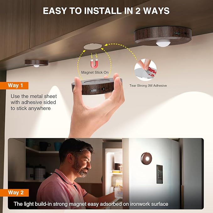 Puck Lights With Remote Control - Rechargeable, Wireless Under Cabinet Lighting, 2000mAh Battery Operated Tap Push Touch Light, Stick On for Counter, Shelf, Bookcase (Wood Color, 3 Pcs)